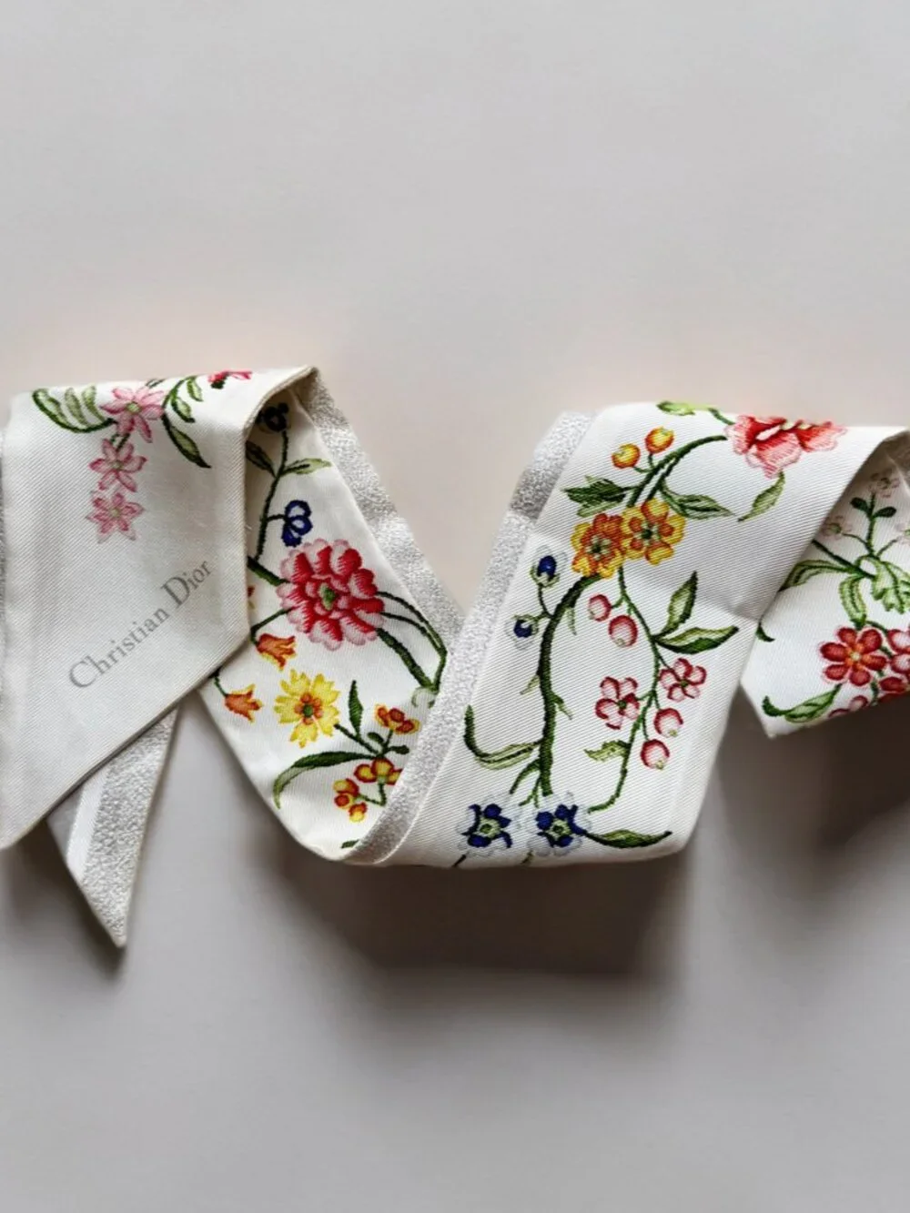 Christian Dior White Silk D-Floral Mitzah Long Scarf